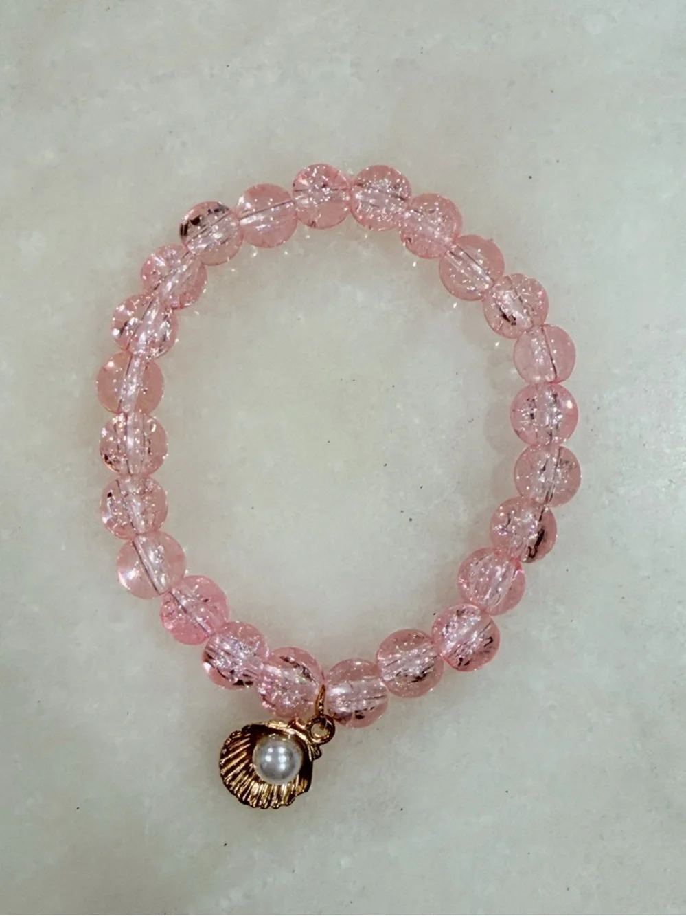 Gold Shell & Pearl Charm Pink Beaded Stretch Bracelet